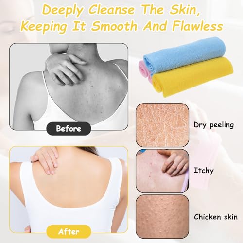 Body Wash Towel, 3 Pcs Double-Sided Back Exfoliator Body Scrub Towel, Nylon Back Scrubber with Handles, Stretchable BackWasher for Shower for Women Men(Blue, Pink, Yellow)
