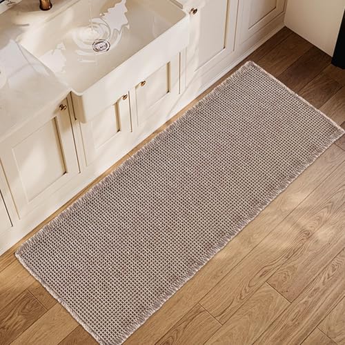 ZALL Tan Waffle Bath Mat,Super Absorbent Non Slip Long Bathroom Runner Rug,Brown 24X60inch,Machine Washable Ultra Soft Floor Mats - color: Brown, size: 24 x 60 inches(Rectangular)