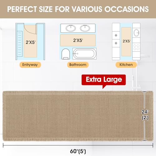 Accumtek Extra Large Waffle Bath Mat, 5'x2' Beige, Super Absorbent Non-Slip Quick Dry Bathroom Rugs with Tassels, Machine Washable Ultra Soft Boho Bath Rugs for Floor, Toilet Mats Boho Farmhouse Decor - color: Beige, size: 2' x 5' (Runner)