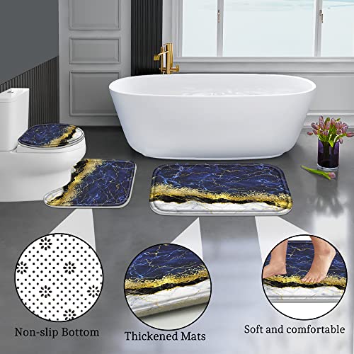 Poedist 4 Pcs Gold Edge Marble Bathroom Shower Curtain Set, Bathroom Sets with Shower Curtain and Rugs(Bath Mat,U Shape and Toilet Lid Cover Mat) and 12 Hooks-Blue - color: Blue Yellow Black