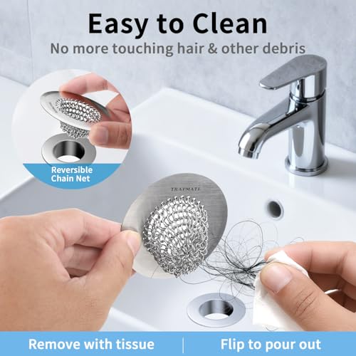 TRAPMATE 2PCS Bathtub Drain Strainer, 2.8" Patented Reversible Shower Tub Drain Hair Catcher, 304 Stainless Steel Drain Cover Protector fits Bathtub & Wash Basin, for Drains Under 2.5 Inches - color: Silver Silver