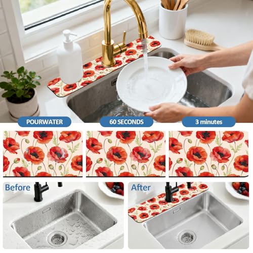 2 Pcs Kitchen Sink Splash Guard Faucet Mat Papaver Rhoeas Pattern Faucet Mat for Sinks Absorbing Drying Mats for Kitchen Bathroom - color: Papaver Rhoeas Pattern