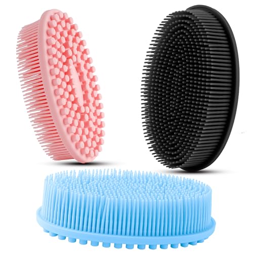 3 Pack Silicone Body Scrubber, Soft Silicone Loofah Exfoliating Body Scrubber, Silicone Body Brush Bath Shower Scrubber for Body, 2 in 1 Bath and Shampoo Wash Brush for Skin Exfoliation Men Women - size: Pink+Blue+Black