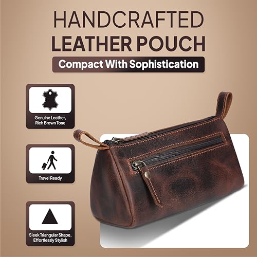Leather Makeup Bag for Women – Genuine Leather Cosmetic Bag Travel, Handmade Zippered Makeup Pouch, Small Toiletry Bag, Shaving Kit & Stationery Organizer- Brown - color: Brown Cosmetic Pouch