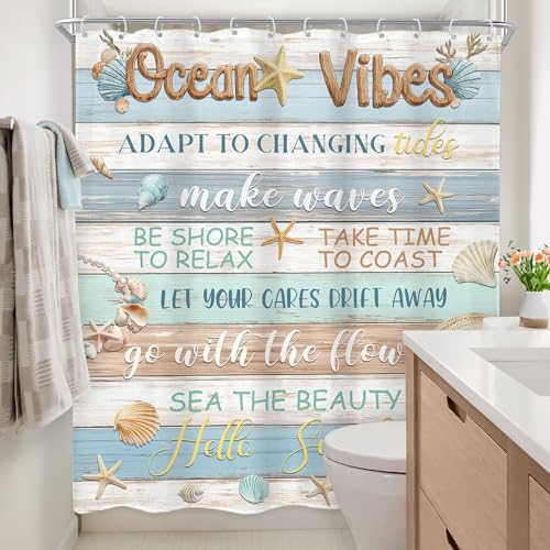 Newsely Ocean Vibes Shower Curtain 60Wx72L Inch Blue and Brown Wood Inspiritional Quotes Sea Beach Seashell Starfish Corals Bathroom Set Rustic Plank Waterproof Bath Decoration Accessories Home Decor - color: G-02seashell, size: 60"W x 72"L (Pack of 1)