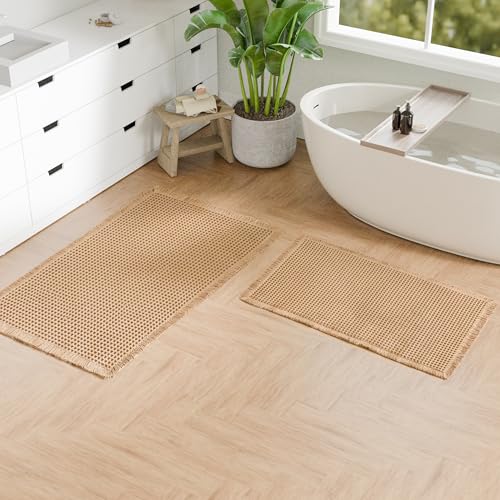 Hiasan Set of 2 Waffle Bath Mat, Super Absorbent Non Slip Bathroom Boho Rug with Tassels, Machine Washable Bath Mats for Bathroom, Ultra Soft Rubber Backed Rug, Brown, 20" x 32" + 24" x 48" - color: Brown, size: 20" x 32" + 24" x 48"