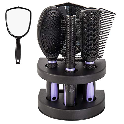 5 Pcs Hair Combs Set Professional Salon Hair Cutting Brushes Sets Salon Hairdressing Styling Tool Mirror And Holder Stand Set Dressing Comb Kits for Women and Men,Purple - color: Purple