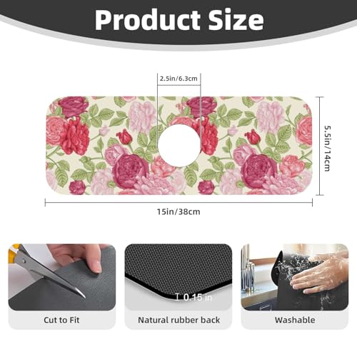 English Rose Flower Floral Pink Red 15" X 5.5" Kitchen Sink Splash Guard Faucet Faucet Guard Draining Mat Sink Splash Guard Faucet Kitchen Bathroom - color: English Rose Flower Floral Pink Red