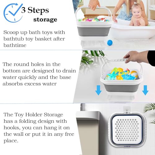 Bath Toy Storage Organizer - Foldable Bath Toy Holder for Bathtub, Bathtub Toy Storage with Removable Drying Base, Bathroom Toy Storage with 2 Hooks