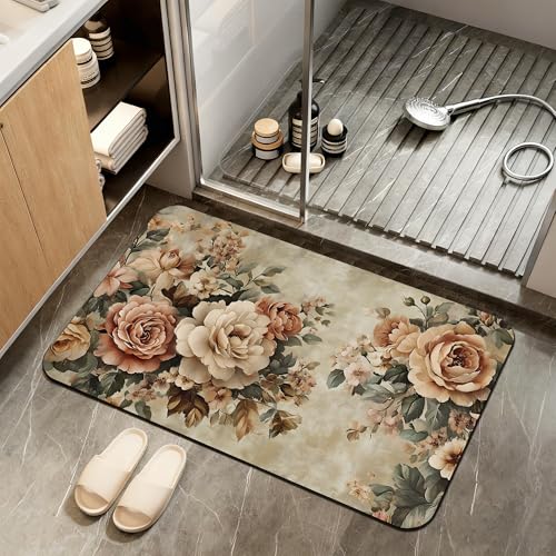 Vintage Rose Bath Mat, Retro Flowers Diatomaceous Earth Bath Mat,Rubber Backing Quick Dry Absorbent Washable Bathroom Rugs for Tub Non Slip 17"x29.5" - color: Vintage Rose,retro Flowers