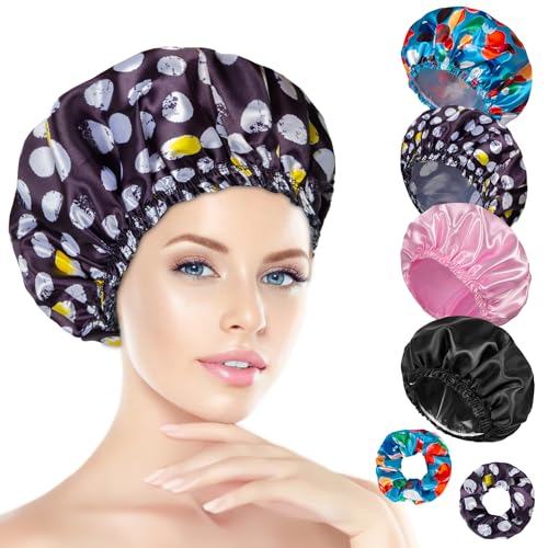 Shower Cap for Women Set of 4, Bath Caps, Double Layers Hair Caps + 2 Satin Hair Scrunchies, Reusable Waterproof Shower Caps, Elastic Hair Cap for Shower - Pattern A - color: Pattern A