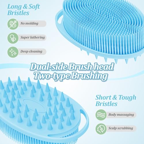 Soft Silicone Body Scrubber 2PCS, 2-in-1 Bath & Shampoo Brush with Dual-Side Usage, Hygienic Silicone Loofah Shower Scrubber for Gentle Exfoliating & Good Lathering(Bluex2) - color: Blue*2
