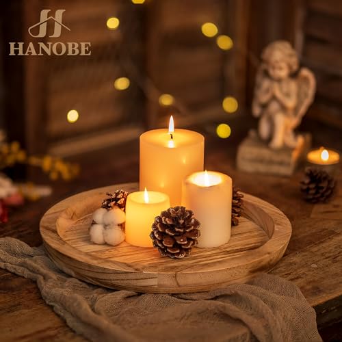 Hanobe Wooden Tray for Coffee Table: Candle Holder Plate Round Decorative Serving Tray - Vintage Table Centerpiece Rustic Farmhouse Home Decor - color: Light Burnt Wood
