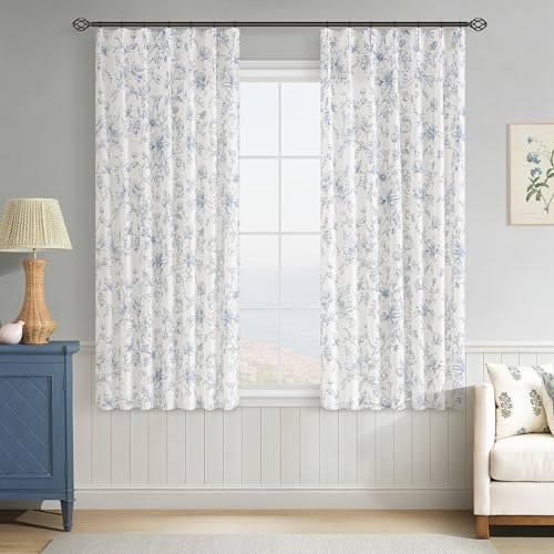 Blue Floral Linen Pleated Kitchen Curtains 63 Inch Long Farmhouse Neutral Country Light Filtering Sketch Flower Print Patterned Drapes for Dining Room Bedroom Memory Trained Botanical Drapes 40x63 - color: Blue, size: 40"W x 63"L (Pack of 2)