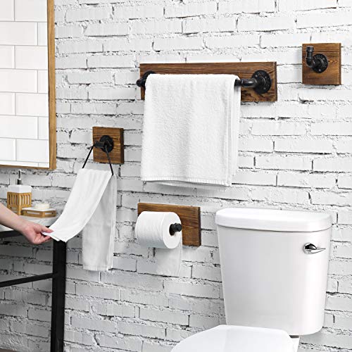 MyGift 4-Piece Bathroom Hardware Set Toilet Paper Holder with Burnt Wood and Industrial Matte Black Metal Pipe Includes, Towel Ring, Towel Bar and and Robe Hook - color: Burnt Wood
