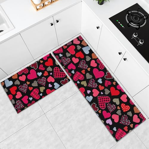 Valentine's Day Kitchen Rugs Set 2 Pcs Love Heart Washable Runner Rug Non Slip 17"x47"+17"x30", Colorful Valentines Day Comfort Kitchen Floor Mat for Anniversary Wedding Party Home Decor - color: Colorful Love Hearts