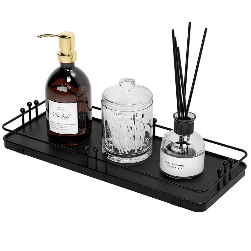 Bathroom Vanity Tray for Countertop Toiletries Perfume Makeup Soap Dispenser Toilet Tank, Kitchen Tray for Salt Spice, Black Decor Tray for Candle Nightstand Coffee 11.3”x 4.4” - color: Black + Black, size: 11.3" x 4.4" x 1.6"