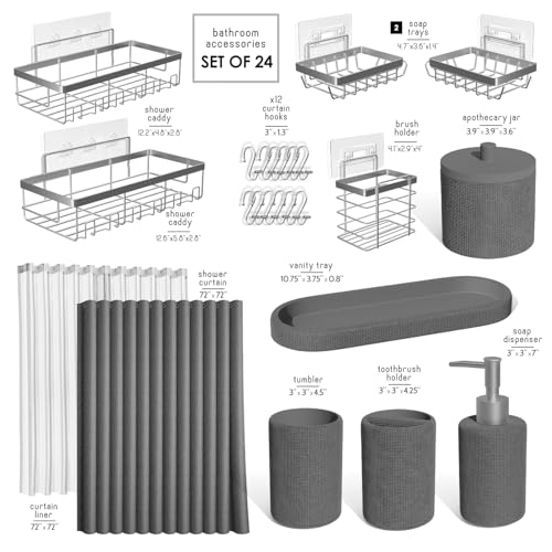 Clara Clark Bathroom Set - Grey Bathroom Accessories Set, 24PC Bathroom Accessory Set, Bathroom Sets with Shower Curtain Set, Adhesive Corner Shower Caddy Hanging & Soap Dispenser - color: Grey, size: Complete Set + Shower Caddy