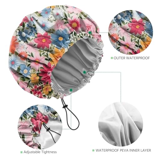 2 PCS Shower Cap Waterproof Double Layer Elastic Adjustable Reusable Hair Bath Caps for Girls Women Cute Aesthetic-Red Pink - color: G15-Red Pink