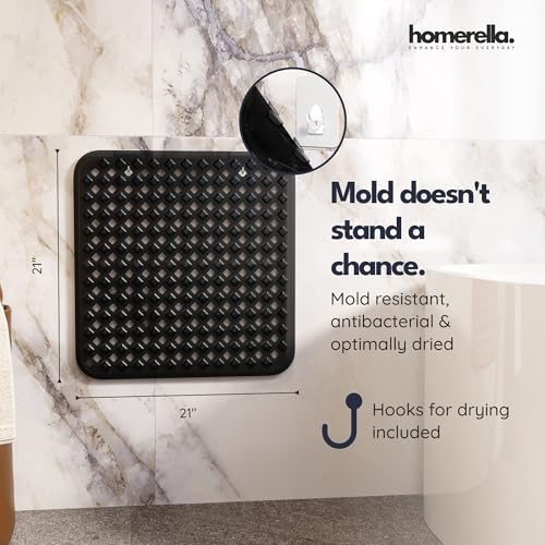 homerella® Shower Mat Non Slip Anti Mold, Non Slip Shower Mats for Inside Shower Stall Anti Slip Mat, Square Shower Floor Mat 21 x 21 in with Suction Cups & Hooks for Quick Drying, Machine Washable - color: Black