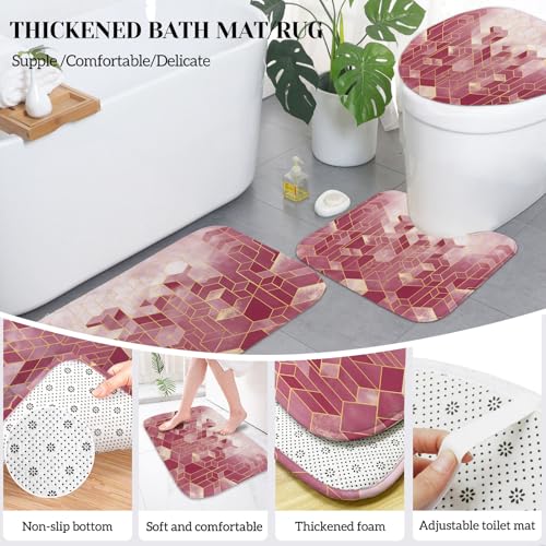 Lnond Red Bathroom Set, Red Abstract Cubes Bathroom Accessories Sets Complete, Luxury Restroom Set with Shower Curtain and Rugs, Trash Can, Toilet Brush Holder Set & Soap Dispenser - style: Red