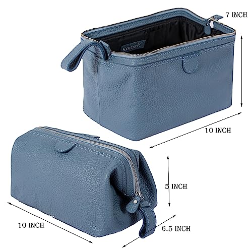 KomalC Premium Buffalo Leather Toiletry Bag for Men & Women With Water resistant Lining, Grooming Travel Pouch, Unisex Wash Bag for Toiletries, Gifts for Men and Women - color: Blue