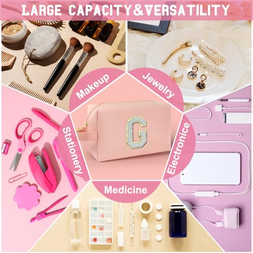 Personalized Initial Makeup Bag with Handle, Preppy Cosmetic Bag with Inner Zipper Pocket, 8 9 10 11 12 13 14 Years Old Girl, Graduation Gifts for Teen Girls Women Teachers (G, Pink) - color: Pink, style: G