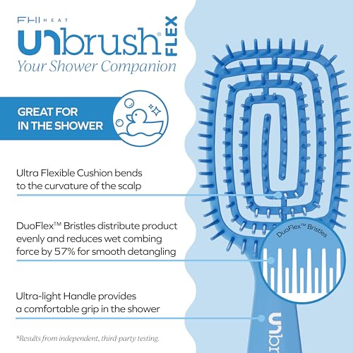 FHI Heat UNbrush Flex Detangling Brush — Ultra-Flexible, Pain-Free Hair Brush Detangler with DuoFlex Anti-Static Bristles for Removing Tangles, Massaging Scalp & Faster Styling - color: Blue