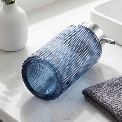 KASUNTING Blue Glass Foaming Soap Dispenser, Ribbed Foam Hand Soap Dispenser for Bathroom, 11 Fl Oz Refillable Foaming Pump Bottle with Black Pump, Modern Dish Soap Foam Dispenser - color: Blue Bottle+ Sliver Pump, size: Foam-1 Pack