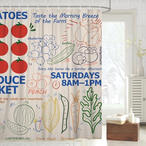 Fabric Shower Curtain with Hooks, Waterproof & Washable & Polyester, Summer Funny Doodle Colorful Cute Farm Fruit Shower Curtains for Bathroom, Unique Cartoon Bathroom Curtain, House Gift, 71x74 Inch - color: Farm Fruits Vegetables Graffiti