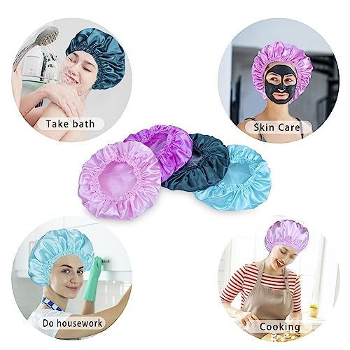 Shower Caps for Women, 4 PCS Elastic and Reusable Bath Caps, Double Waterproof Layers Shower Cap, Bathing Shower Caps, Environmental Protection Hair Bath Hat - Solid Color - color: Solid Color 4 PCS/Set