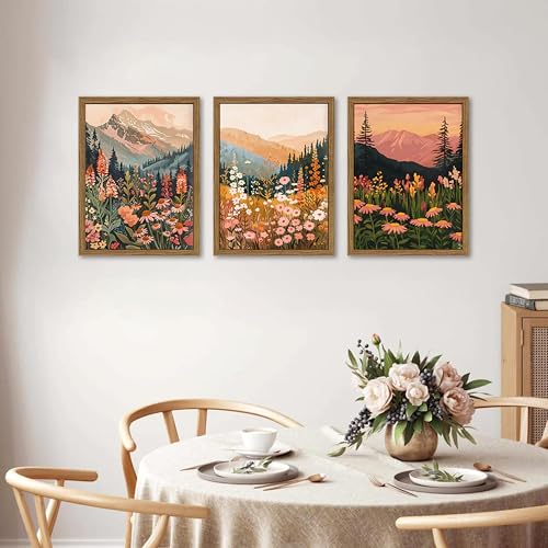 Boho Colorful Landscape wall art Wildflower Mountain Wall Decor Vintage Floral Forest Paintings Rustic Nature Pictures Canvas Prints for Living Room Bedroom Dining Room 16x24 Inch Wood Framed - color: Colourful, size: 16x24Inch Framed