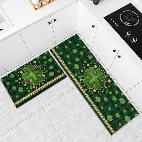 St. Patrick's Day Kitchen Rugs Set 2 Pcs Green Gold Shamrock Clover Washable Runner Rug Non Slip 17"x47"+17"x30", Saint Patricks Day Kitchen Mats for Floor Spring Irish Home Decor - color: Green Shamrock