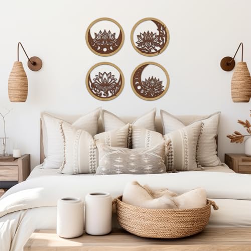 TOARTi 4PCS Buddha Brown Lotus Wooden Wall Art Vintage Mandala Lotus Wall Decor for Living Room Office Bathroom Artwork Indian Mandala Flower Hanging Plaque Abstract Mandala Wood Sign for Yoga Room - color: Mandela Wooden Wall Art