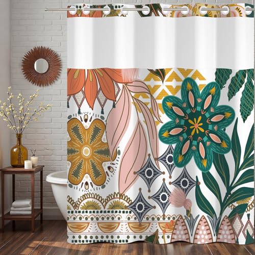 No Hook Boho Shower Curtain and Liner Set 71 x 74 Inch | Colorful Botanical Flower Print, Waterproof Fabric Bath Curtain with Breathable Mesh Top Window for Farmhouse Bathroom, Hotel - color: Green and Pink