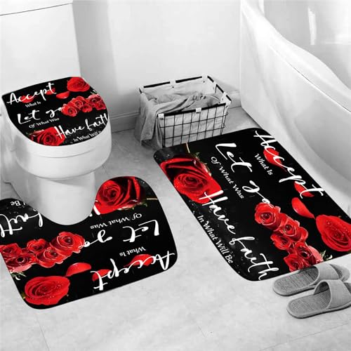 Yddsky 4 Pcs Red Rose Shower Curtain Sets with Rugs Black Blessed Bathroom Sets with Shower Curtain and Rugs Bathroom Curtains Shower Set with Toilet Lid Cover for Women Bathroom Decor Accessories - color: Red Blessing Rose