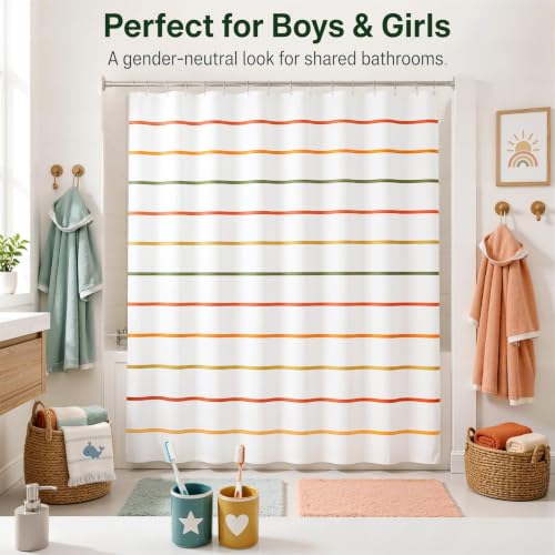 Kids Bathroom Shower Curtain, Colorful Hand-Drawn Stripe Design, 72 x 72 | Modern Gender-Neutral Design, Includes 12 Hooks, Waterproof Fabric, Brighten Kids Bathroom, Easy to Match Decor - color: Colorful