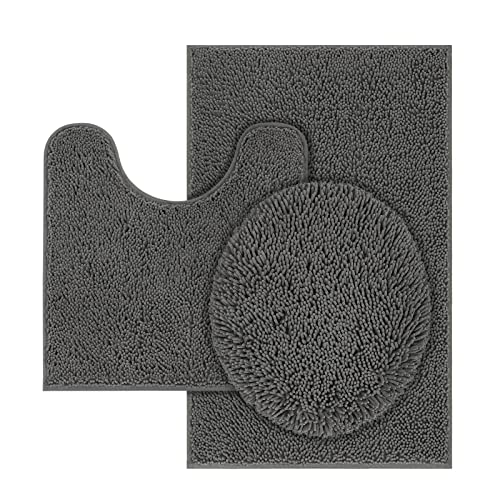 TREETONE Chenille Bath Mat 3 Piece Bathroom Rugs Set, 20x20 Inches U-Shape Contoured Toilet Mat & 20x32 Inches Rug & Lid Cover, Soft Water Absorbent Rugs for Tub Shower & Bath Room - Charcoal Gray - color: Charcoal Gray, size: Set of 3-Medium 20" x 30"/Co