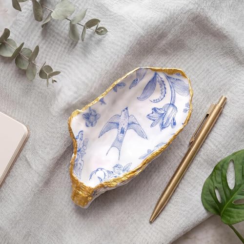 Natural Oyster Ring Trinket Dish Vintage Jewelry Tray for Keys Small Jewelry Holder for Bridal Shower Favors Friends Sisters Daughter Mother Gift Seaside Decor(Blue Willow) - style: Blue Willow