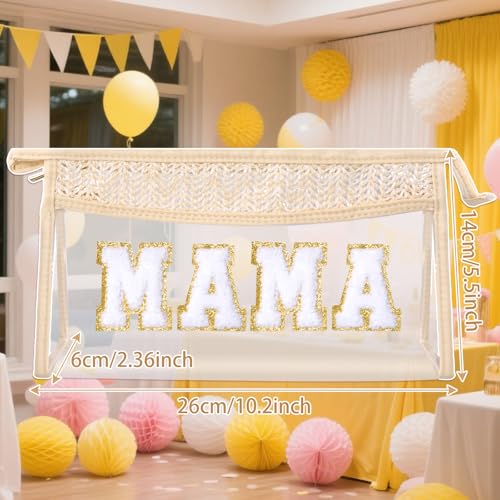Boho Patch Cosmetic Bag with Zipper, Chenille Varsity Letter Makeup Bag, Clear Travel Pouch, Multi-purpose Small Toiletry Bag for Women Girls (Mama) - style: Mama