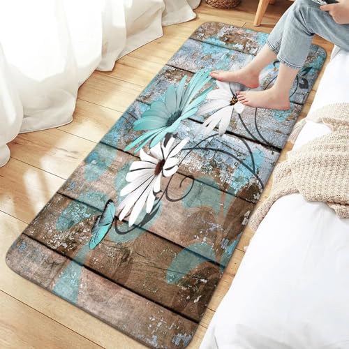 Farmhouse Floral Flower Bath Mat, Teal Daisy Rustic Wooden Plank Country Barn Wood Turquoise Blue Non-Slip Flannel Soft Doormat Floor Entryways Outdoor Indoor Front Door Mat, 16x48 - color: Teal-01, size: 1'4" x 4' (Rectangular)