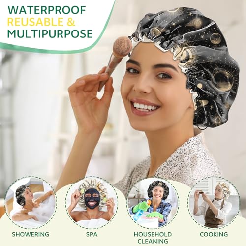 2 PCS Shower Cap Waterproof Double Layer Elastic Adjustable Reusable Hair Bath Caps for Girls Women Cute Aesthetic-Golden Black - color: G7-Golden Black