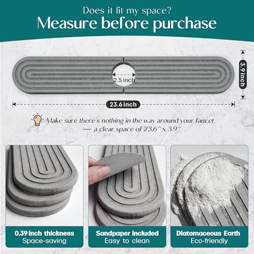 eormoe Kitchen Faucet Mat - Diatomite Splash Guard for Sink, Quick-Drying Water Absorbing Stone Tray [Grey, 23.6" x 3.9"], Includes Sandpaper - color: Gray, size: 23.6" x 3.9"