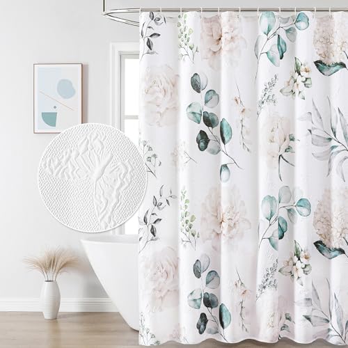 QiyI 72x72 White Floral Shower Curtain, 3D Embossed Butterflies, Waterproof Fabric, Set with Hooks - color: Cream Flowers, size: 72"W x 72"L (Pack of 1)