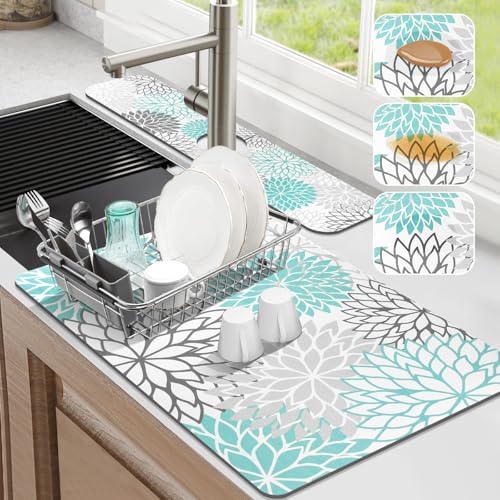Findosom 2PCS 16" x 24" Dish Drying Mat & 24" x 5.5" Sink Splash Guard, Super Absorbent & Cuttable Dish Mat Drying Kitchen Mat with Teal Floral, Hide Stain Drying Mat for Kitchen Counter - color: Teal, size: 16" X 24" + 24" X 5.5"