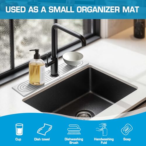 Self-Drying Stone Tray For Kitchen Sink,15.7" Water Absorbing Natura Diatomite Faucet Mat,Splash Organizer For Soap Dispenser,Sponge & Brush,Bathroom Vanity Rv Countertop Protector(White-Rectangle) - color: White-rectangle, size: 15.7" x 4"