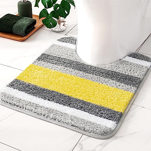 MIULEE Yellow Grey Bathroom Toilet Rugs U-Shaped, Soft Thick Microfiber Striped Contour Rugs, Non Slip Absorbent Fluffy Plush Machine Washble Quick Dry, 20x24 Inch - size: 1'8" x 2' (U-Shape)