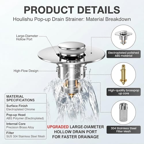 2PCS Pop Up Bathroom Sink Drain Strainer with Removable Stainless Steel Hair Catcher Basket