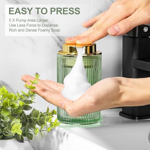 KASUNTING Green Glass Foaming Soap Dispenser, Ribbed Foam Hand Soap Dispenser for Bathroom, 11 Fl Oz Refillable Foaming Pump Bottle with Black Pump, Modern Dish Soap Foam Dispenser - color: Green Bottle+ Gold Pump, size: Foam-1 Pack