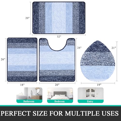 Bsmathom Bathroom Rugs Sets 4 Piece, Soft Absorbent Microfiber Bath Rugs with U-Shaped Contour Toilet Rug and Toilet Lid Cover, Thick Non-Slip Plush Shaggy Bath Mat Set,Navy Blue - color: Navy Blue, size: 18"x26"+20"x31"+U20"x24"+Cover19"x21"
